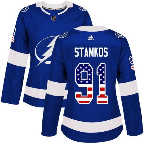 Adidas Lightning #91 Steven Stamkos Blue Home Authentic USA Flag Women's Stitched NHL Jersey